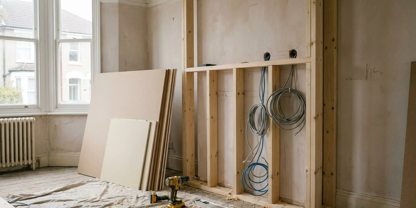 Media wall under construction, with the frame set out before boarding