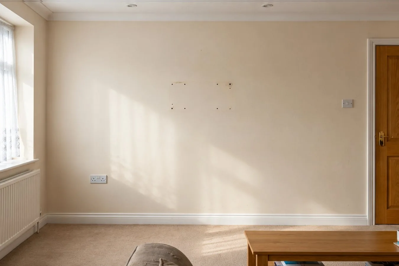 A plain living room wall before a media wall is built