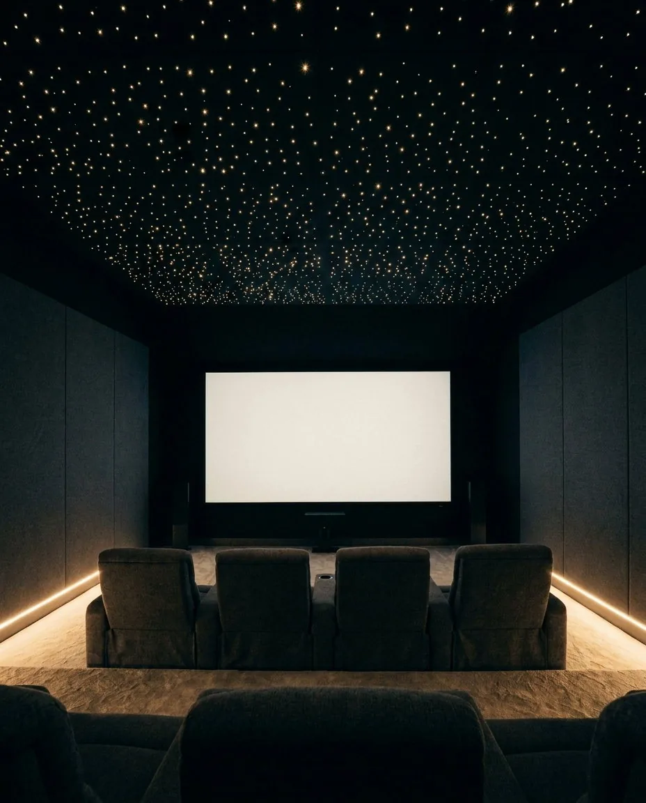 Cinema seating facing a large screen in a dedicated room