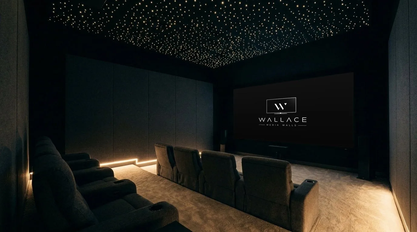 Dedicated home cinema room with a large screen, tiered seating and low level lighting