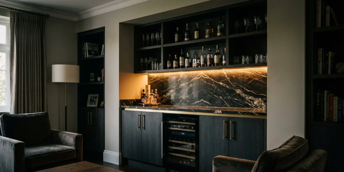 Bespoke home bar with integrated lighting, shelving and cabinetry