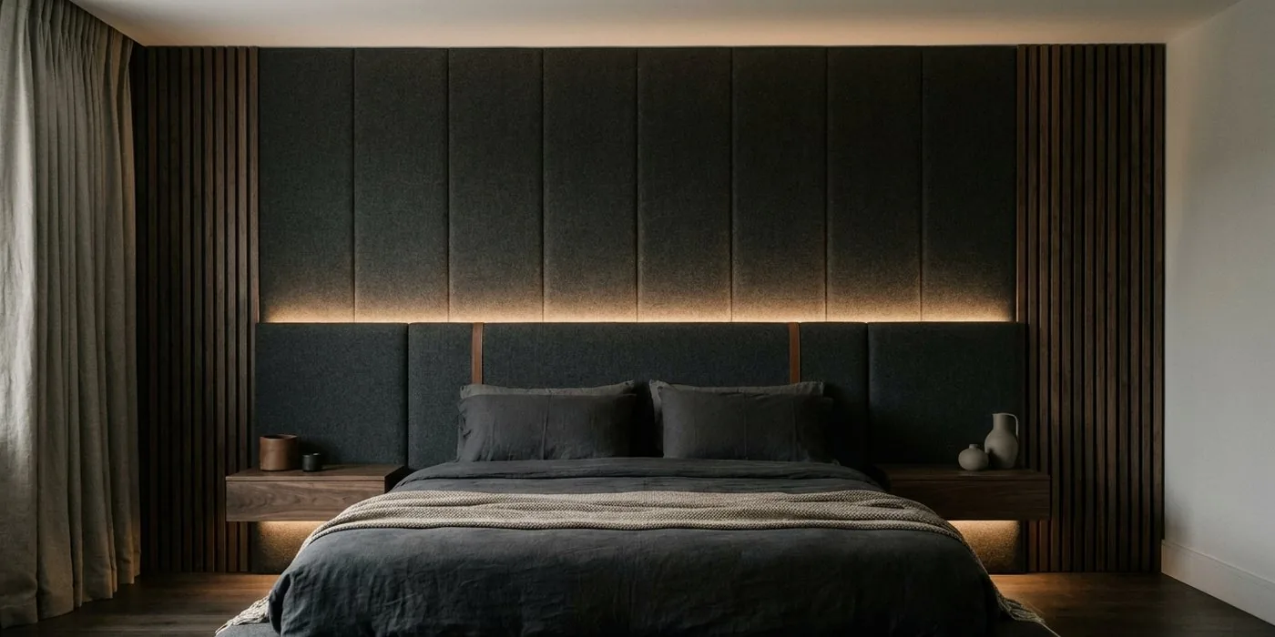 Upholstered bedroom feature wall with a bespoke headboard and integrated lighting