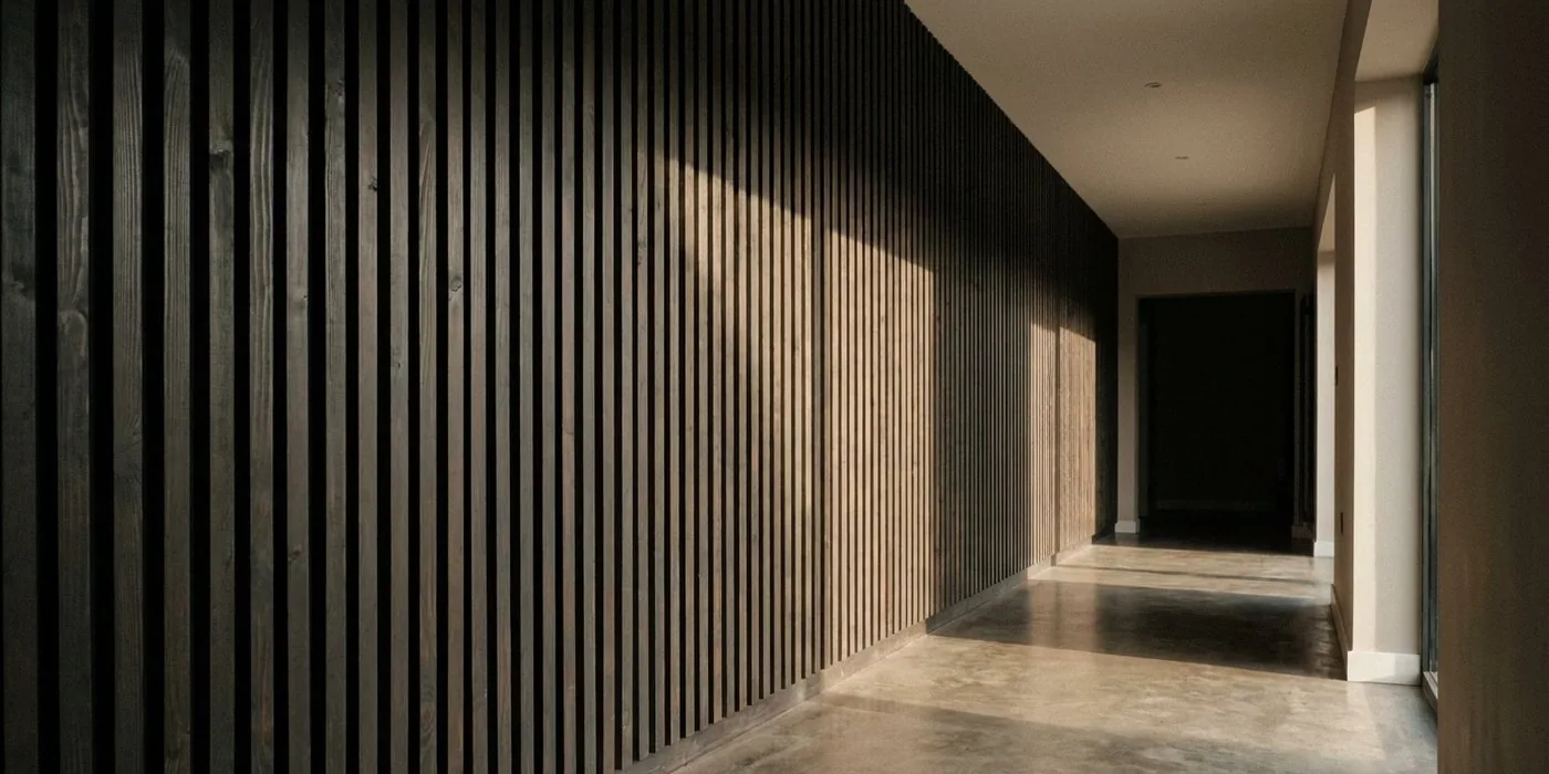 Slatted timber feature panelling running along a hallway wall