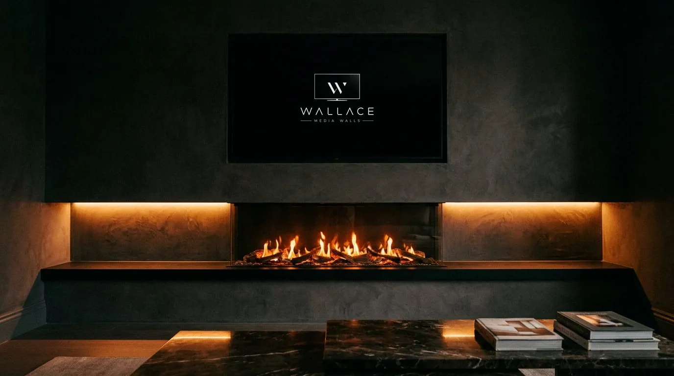 Media wall with an integrated electric fireplace below the television