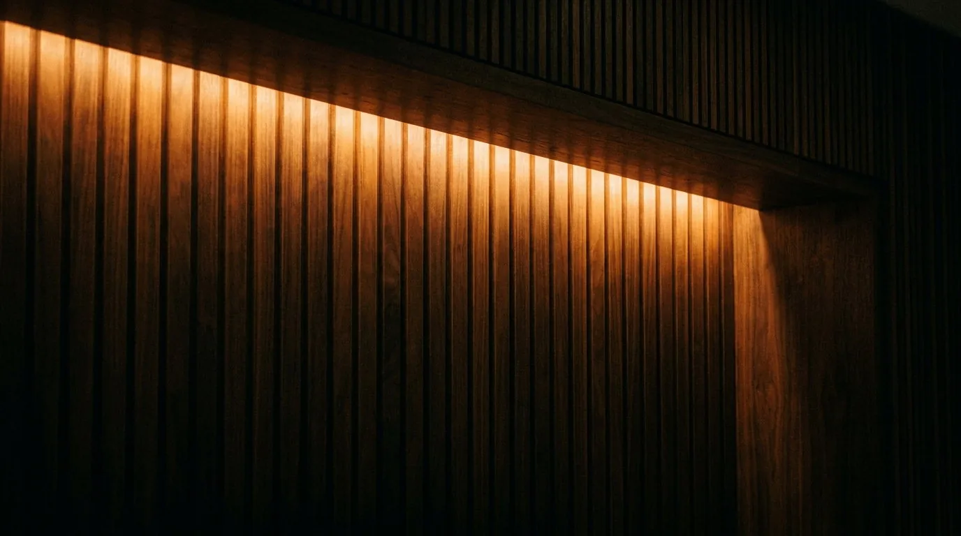 Integrated LED lighting washing across a panelled media wall