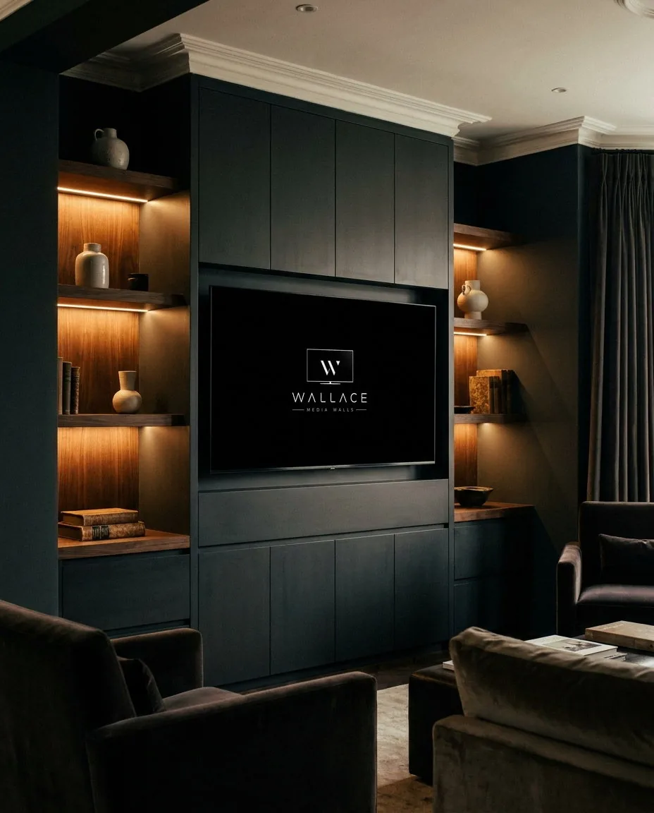 Built-in media wall with shelving and cabinetry