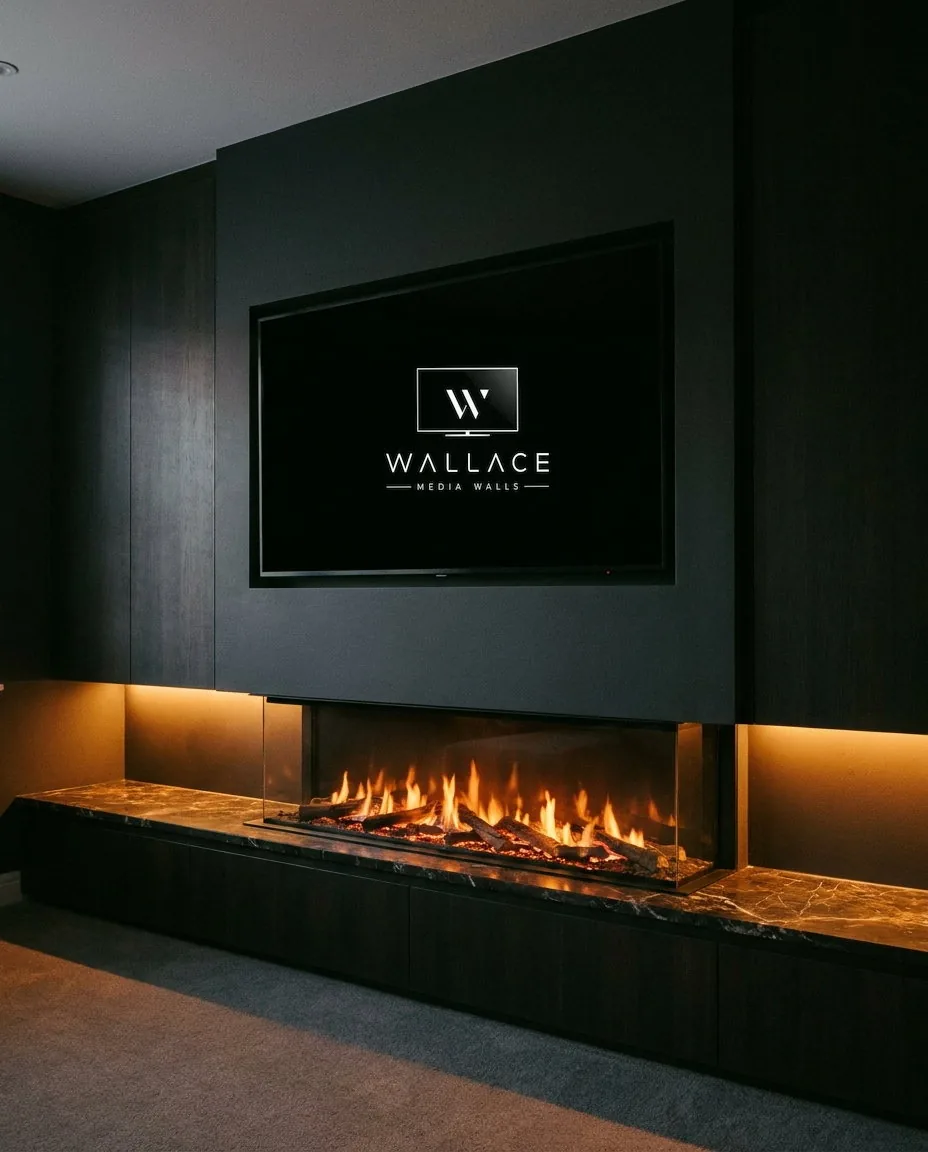 Media wall with television and electric fireplace integrated together