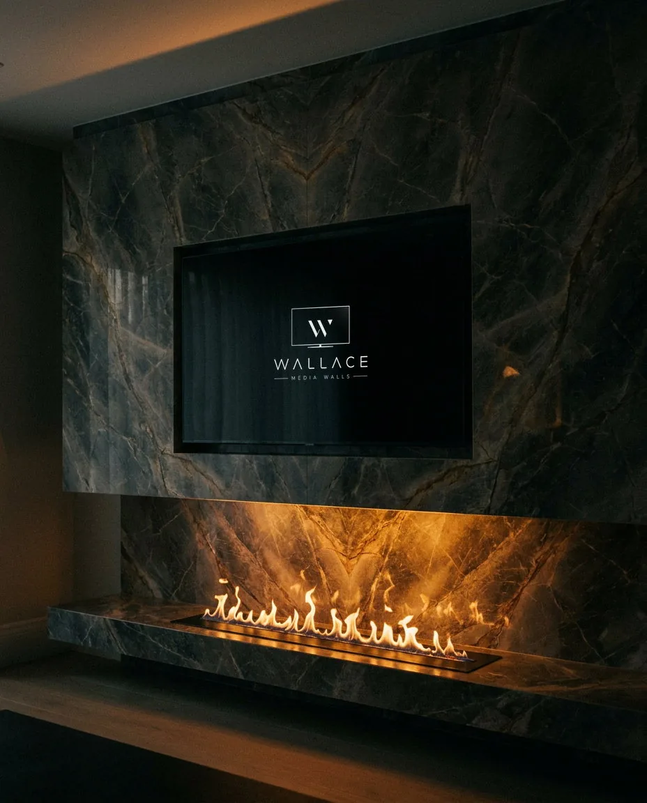 Luxe media wall with premium finishes and dramatic lighting