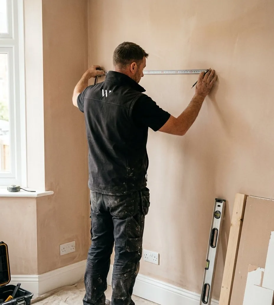 Installer setting out a media wall, measuring and marking the wall