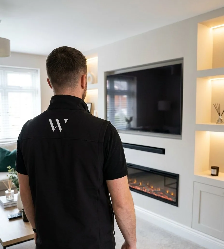 Installer in branded workwear reviewing a finished media wall